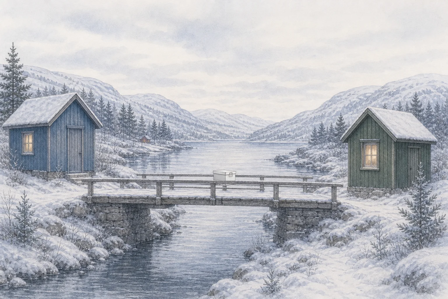 A file box crossing a small bridge between blue and green Nordic cabins in winter