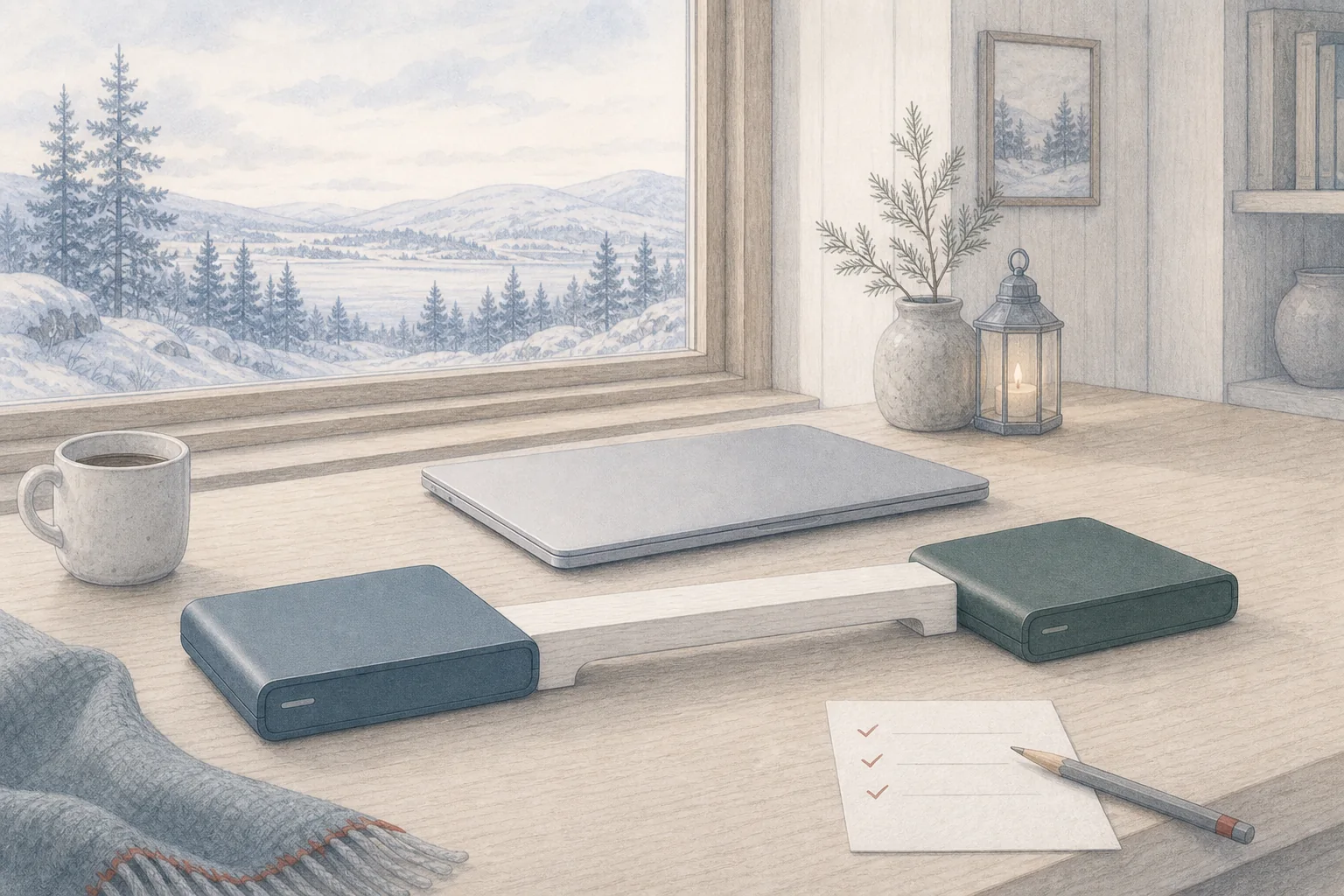 Two storage drives joined by a small white bridge on a quiet Nordic worktable