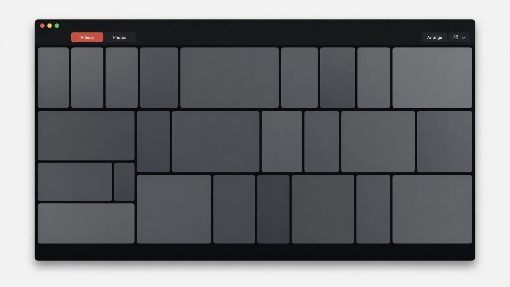 Kino app mock-up showing a responsive grid with complete portrait and landscape video placeholders