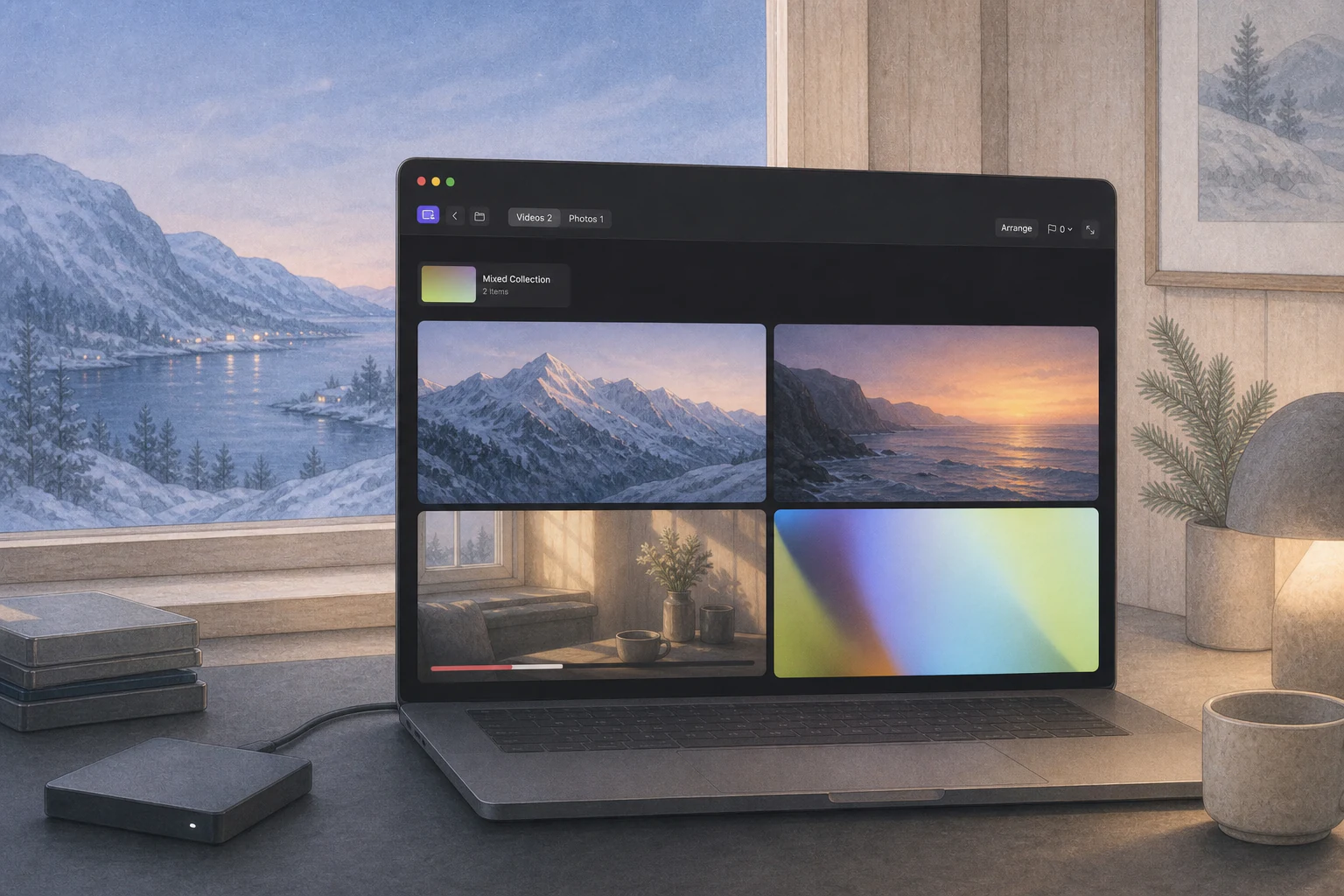 Illustrated Nordic media workspace with a Mac displaying Kino's folder browser and cinematic video grid