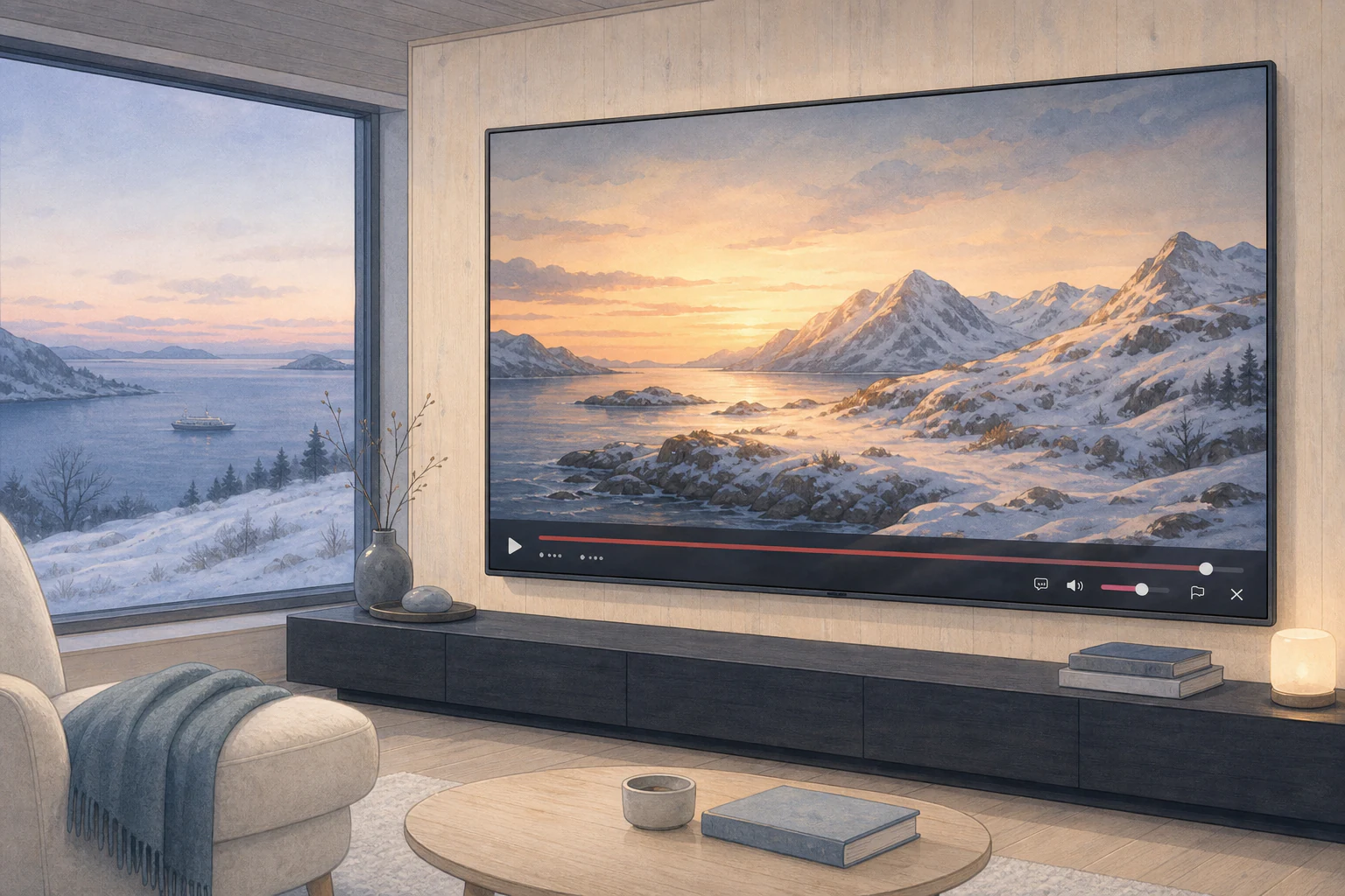 Illustrated Nordic screening room with Kino playing a snowy fjord film and its controls visible along the display