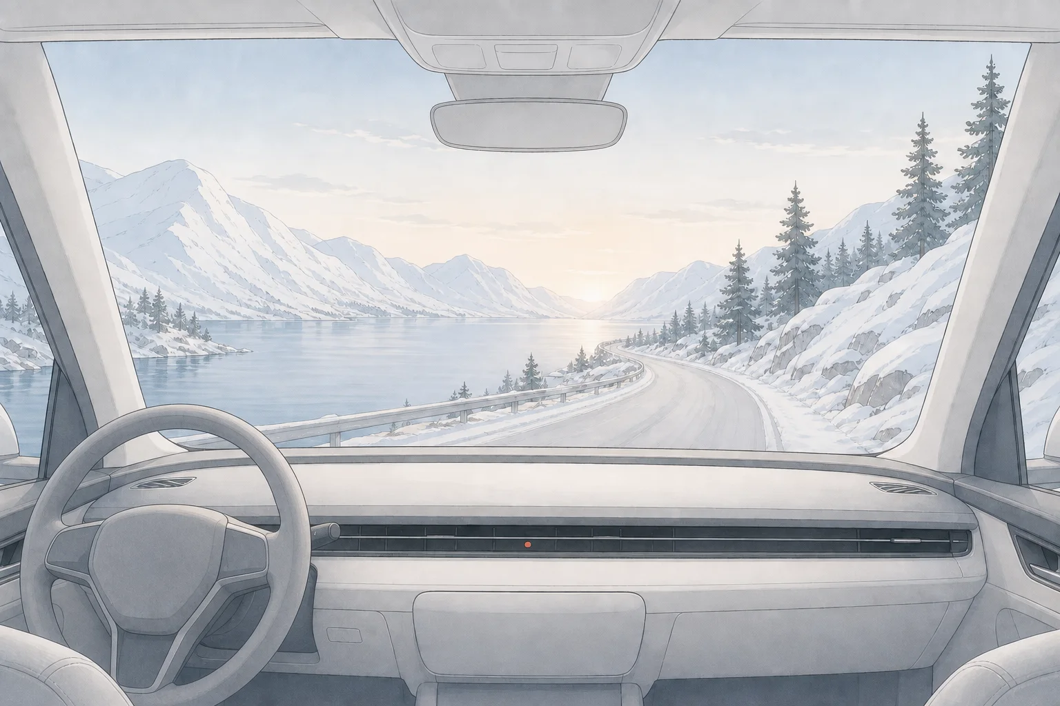 A calm left-hand-drive car looking through the windshield toward a snowy Nordic fjord road at dawn