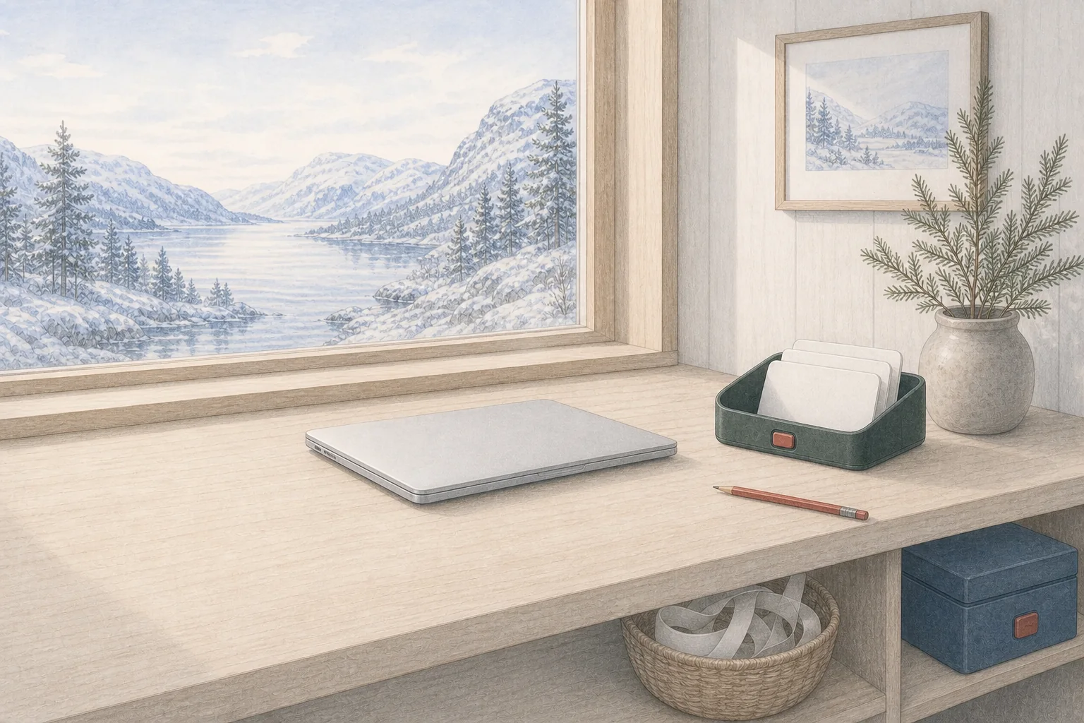 A clear Nordic worktable beside a snowy fjord, with a laptop, a small file tray, and generous open space