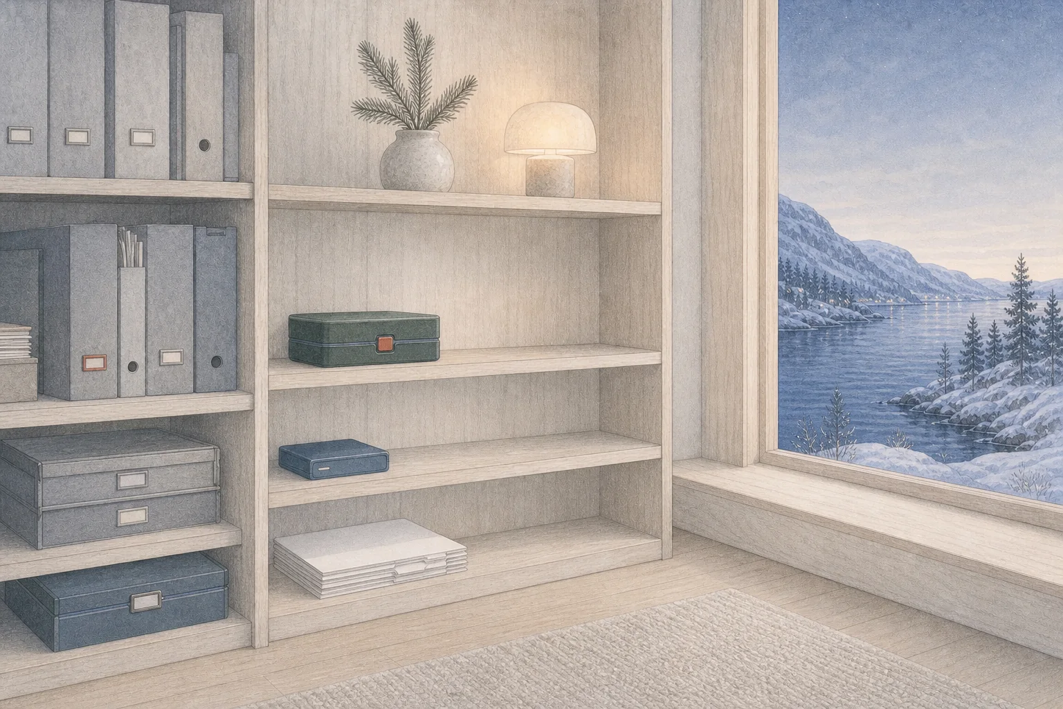 Nordic shelves becoming more open and orderly beside a blue-hour fjord window