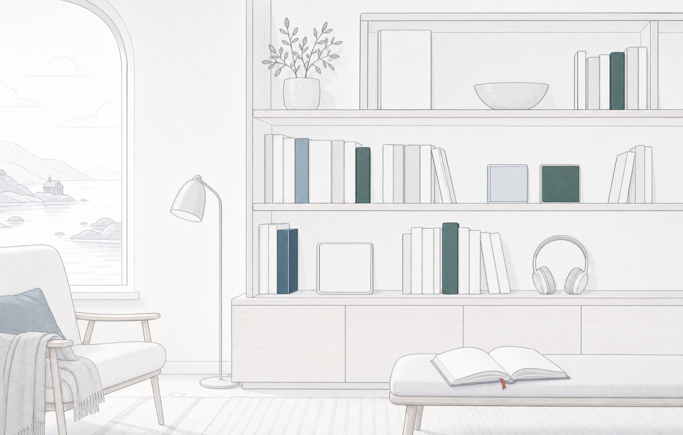 A quiet Nordic library with books, audiobooks, and an open book