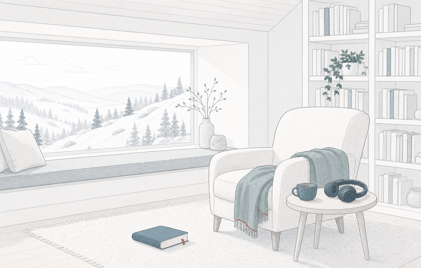 A quiet Nordic reading alcove with an armchair, books, headphones, and a view of the hills