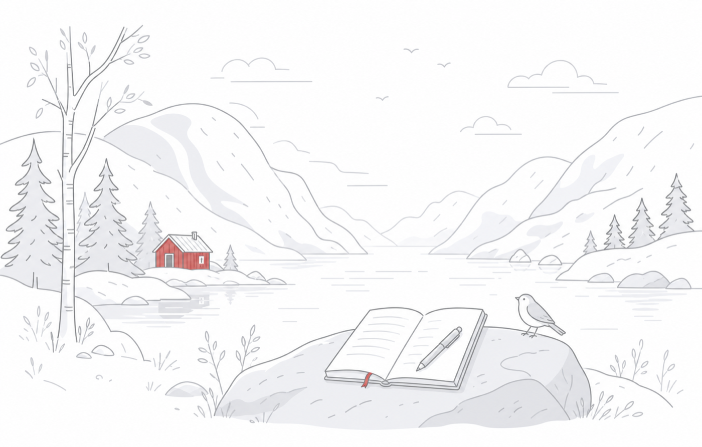 Skriv illustration of a notebook beside a quiet Nordic fjord and red cabin