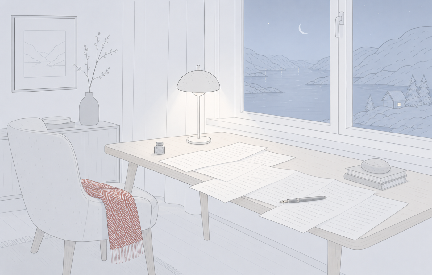 A quiet Scandinavian writing nook at blue hour with long pages, a desk lamp, and a snowy fjord beyond the window