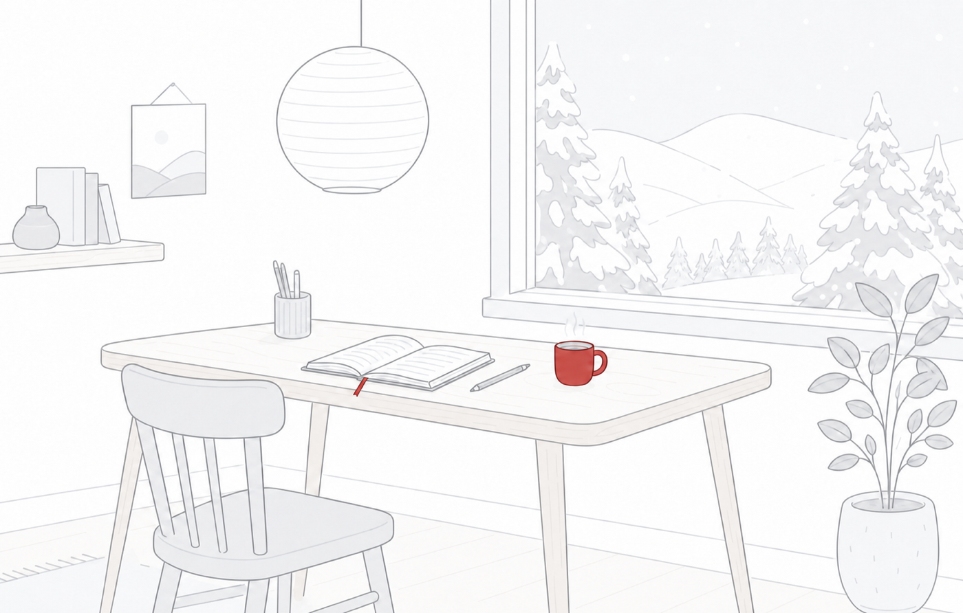 A calm Scandinavian writing room overlooking a snowy Nordic landscape