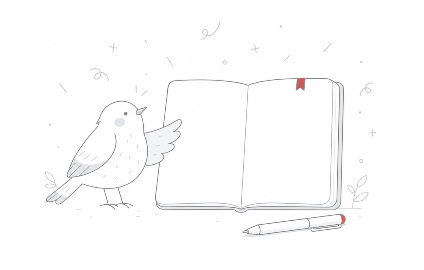 Skriv illustration of a bird beside an open notebook and pen