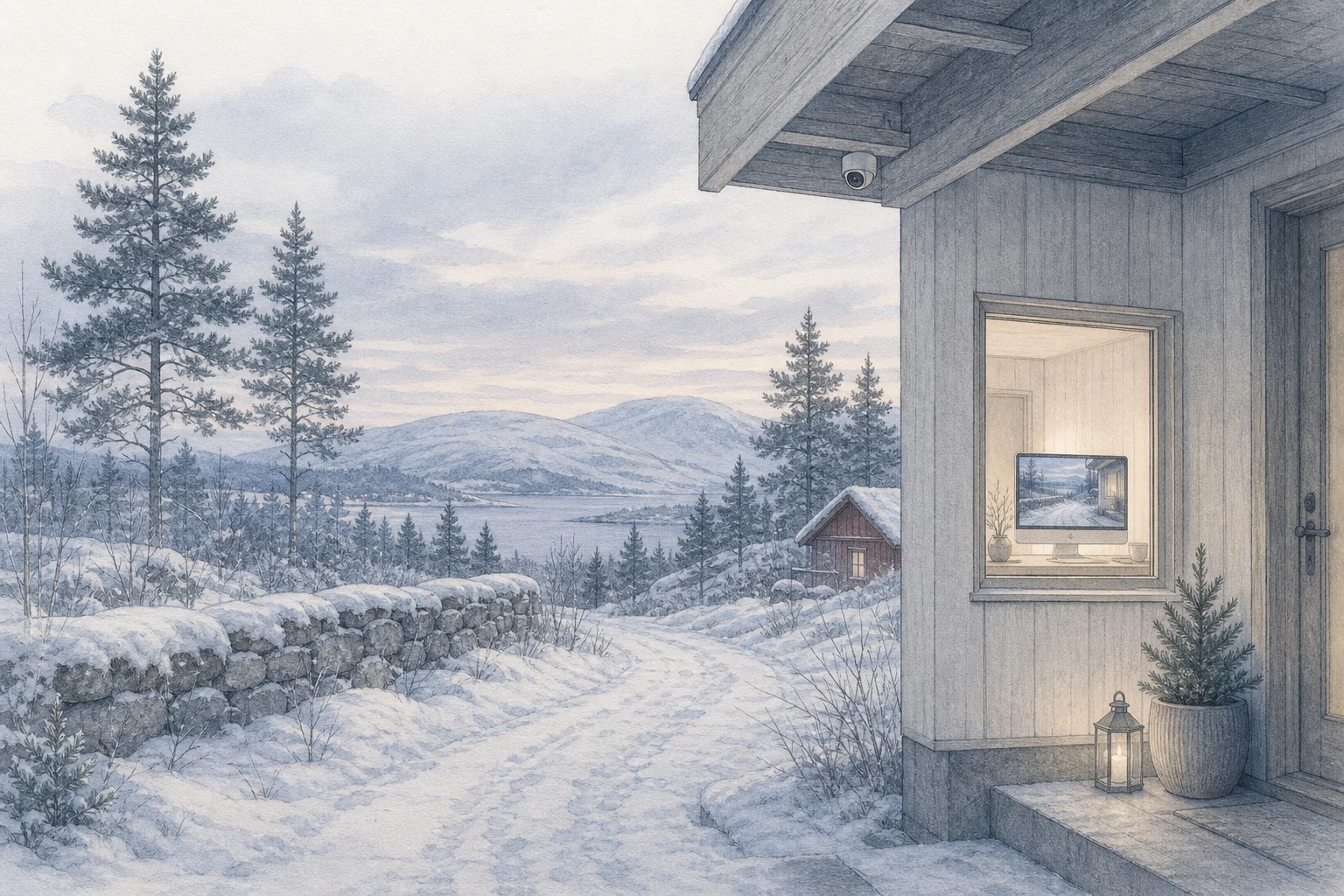 A discreet camera under the eave of a Nordic home overlooking a snowy path and distant hills