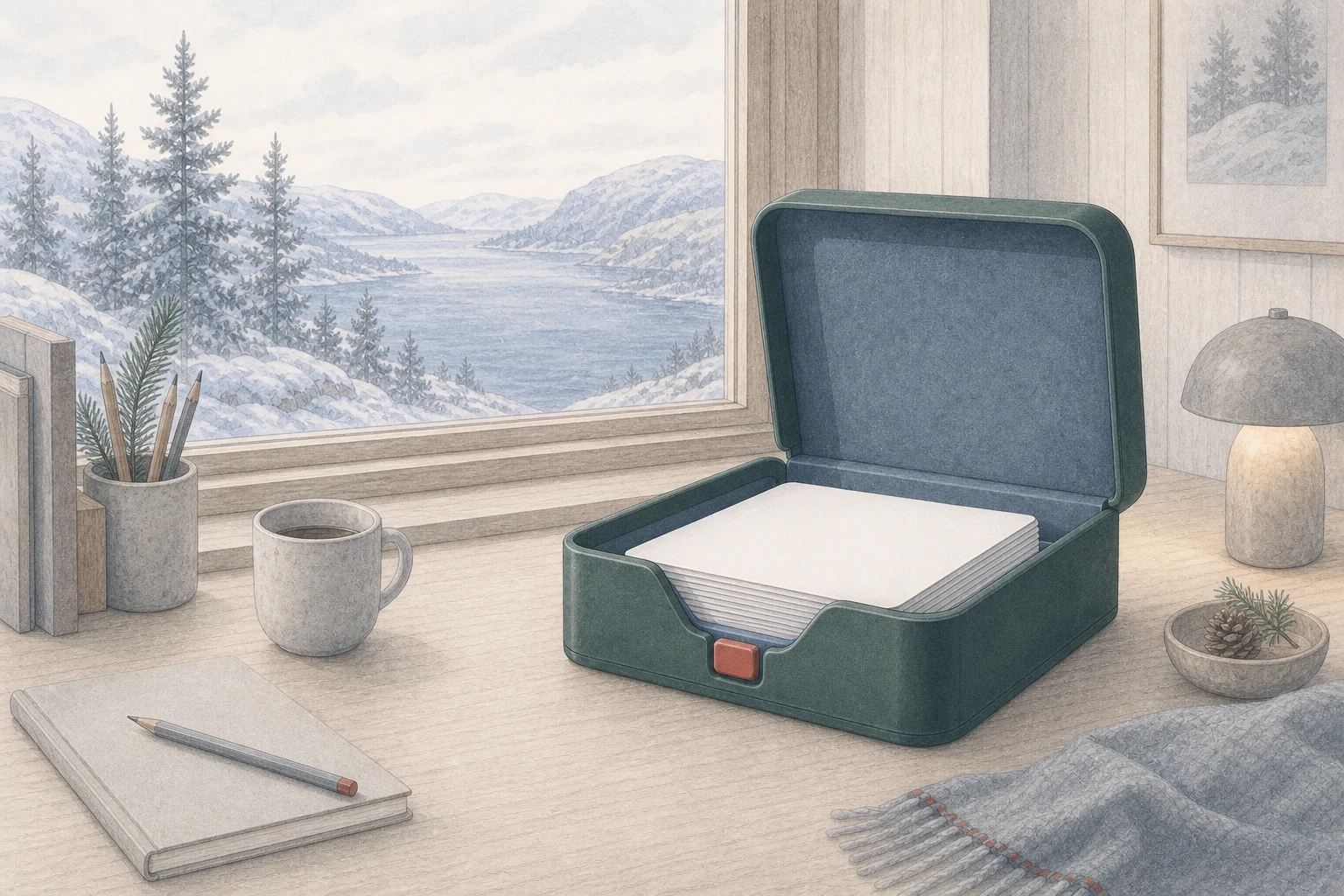 A Pine-green document case protecting a stack of papers in a quiet Nordic workroom