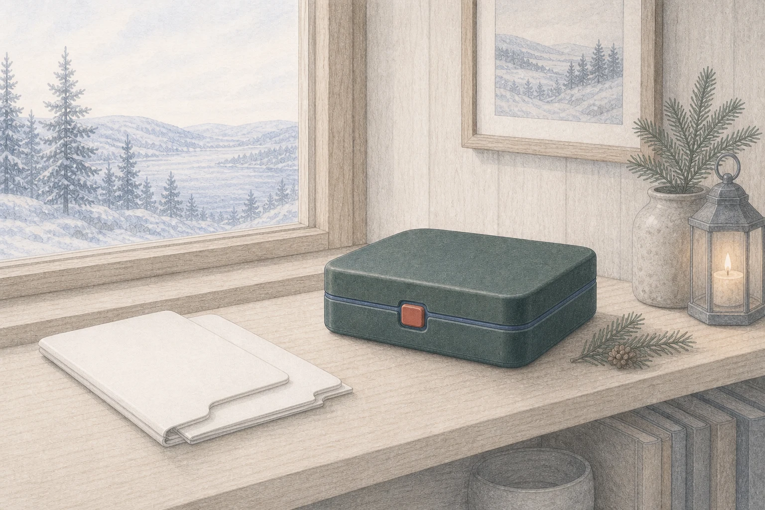 A closed Pine-green archive case on a pale wooden shelf beside blank folders and a snowy window